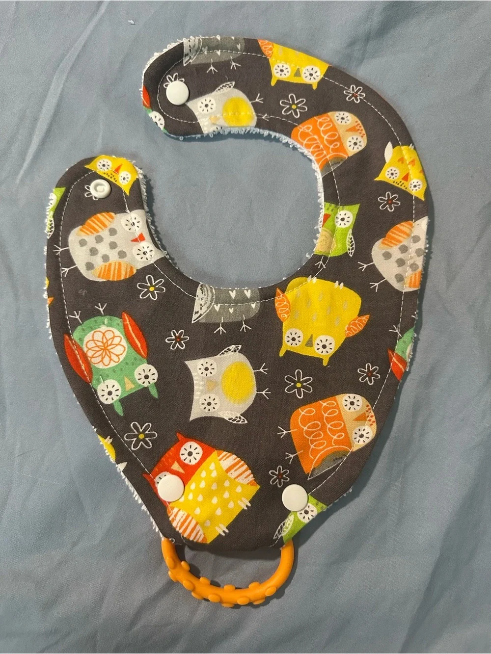 Handmade Owl Bib with ring- Gray with Yellow & Orange
